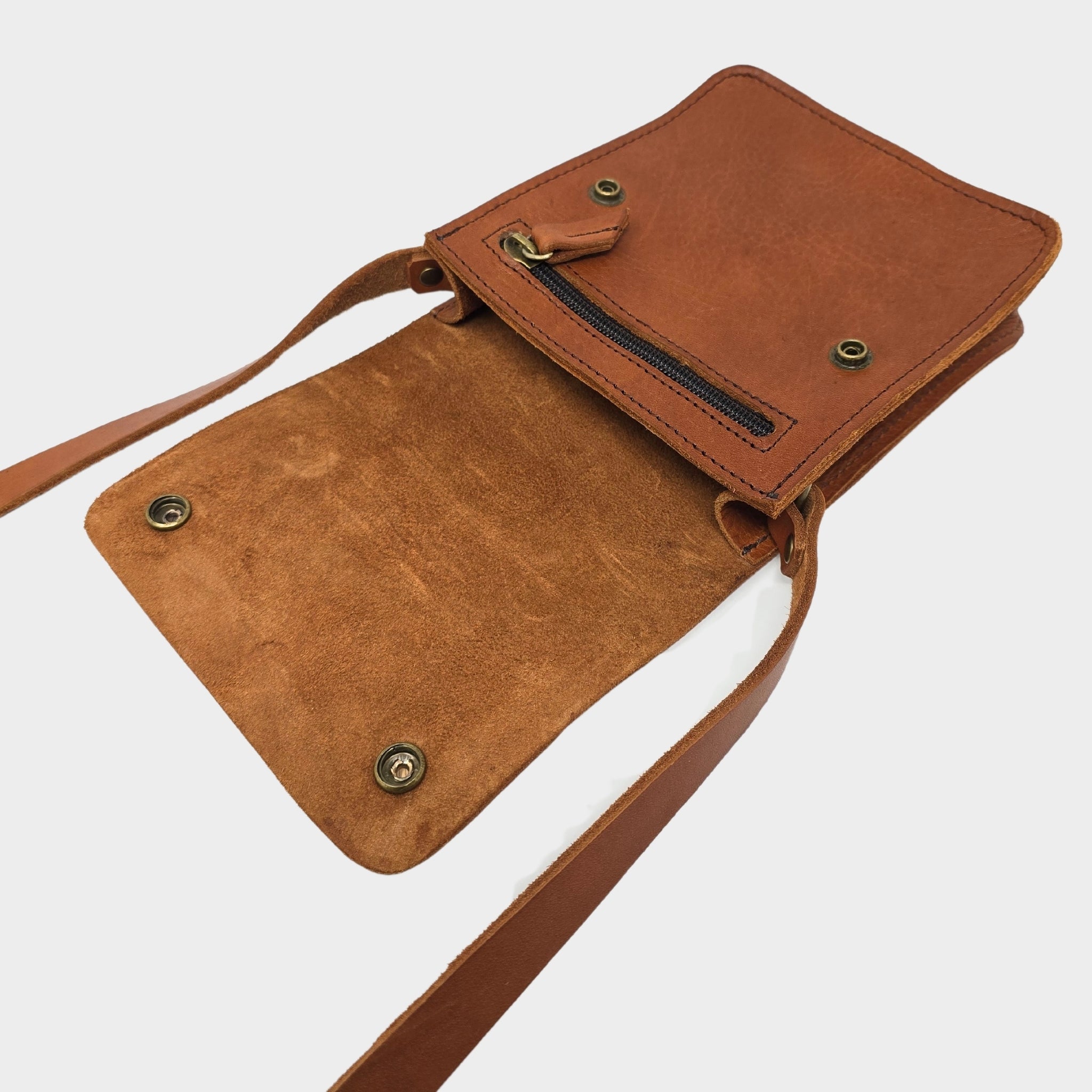 Tan Small Leather Crossbody Bag with Pop Closure - Artisan Stories